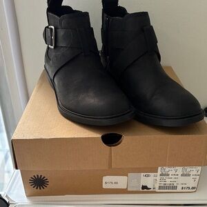UGG Black Genuine Leather Ankle Booties with Buckle Strap